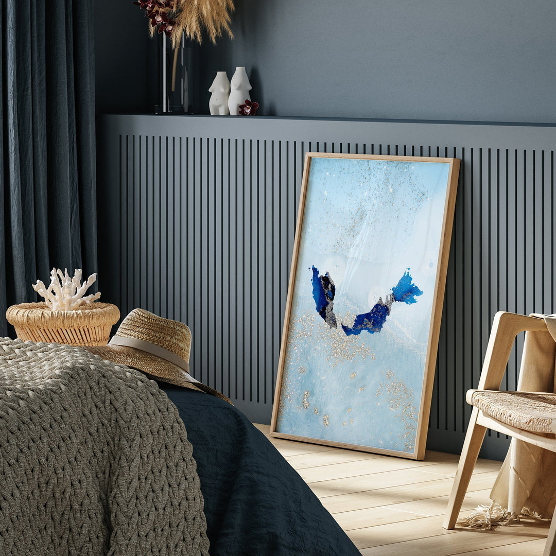 Malaysia Map Shades of Blue & Silver Wall Art Print