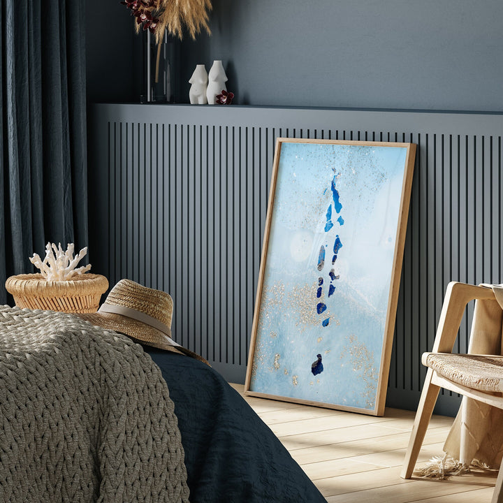 Maldives Map Shades of Blue & Silver Wall Art Print