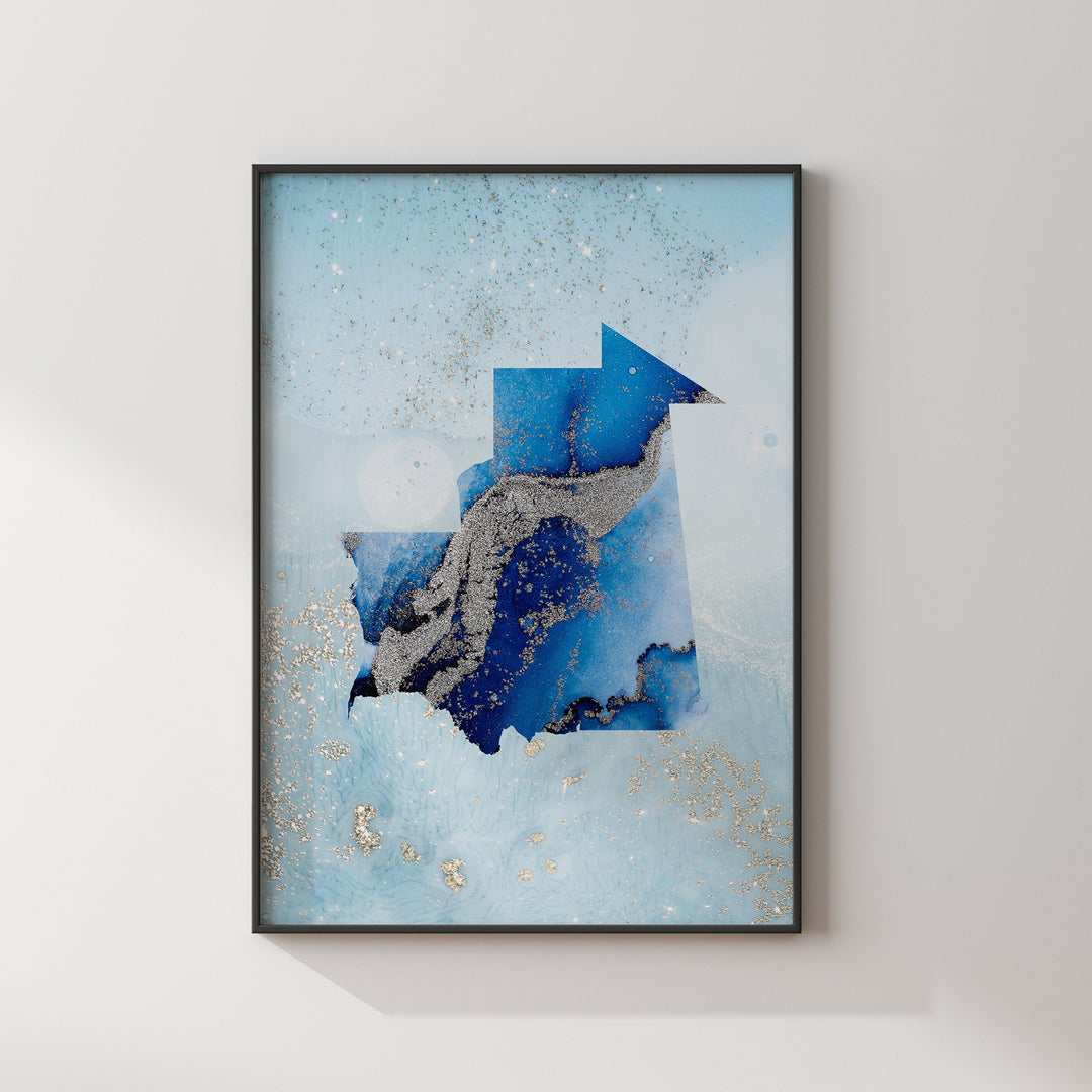 Mauritania Map Shades of Blue & Silver Wall Art Print