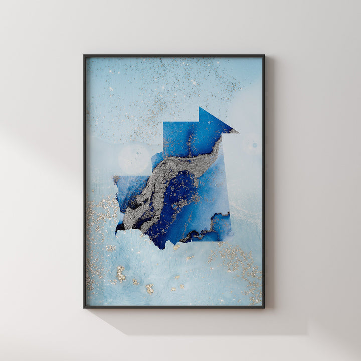Mauritania Map Shades of Blue & Silver Wall Art Print