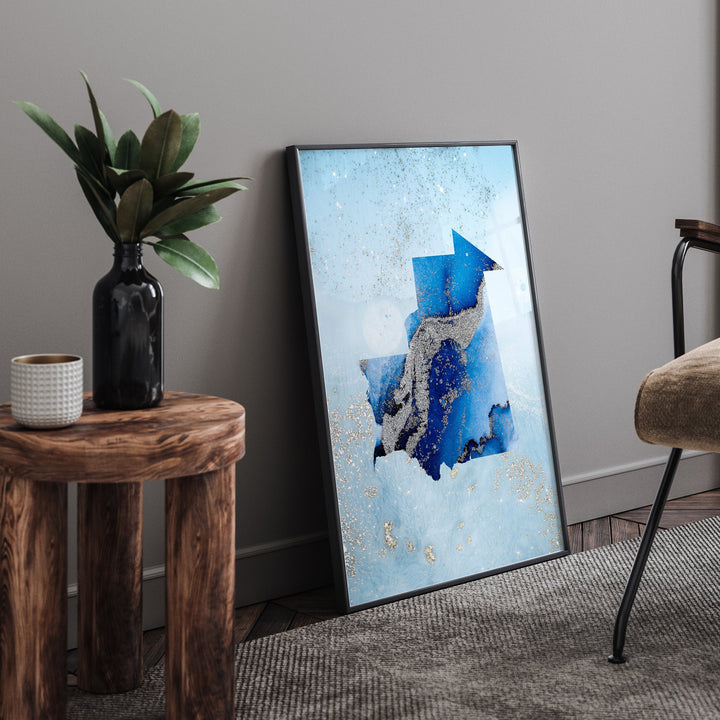 Mauritania Map Shades of Blue & Silver Wall Art Print