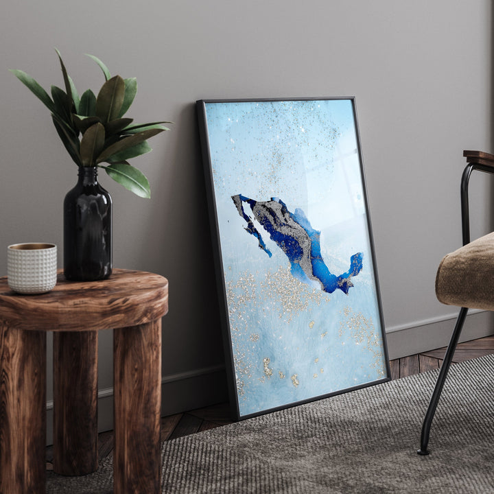 Mexico Map Shades of Blue & Silver Wall Art Print