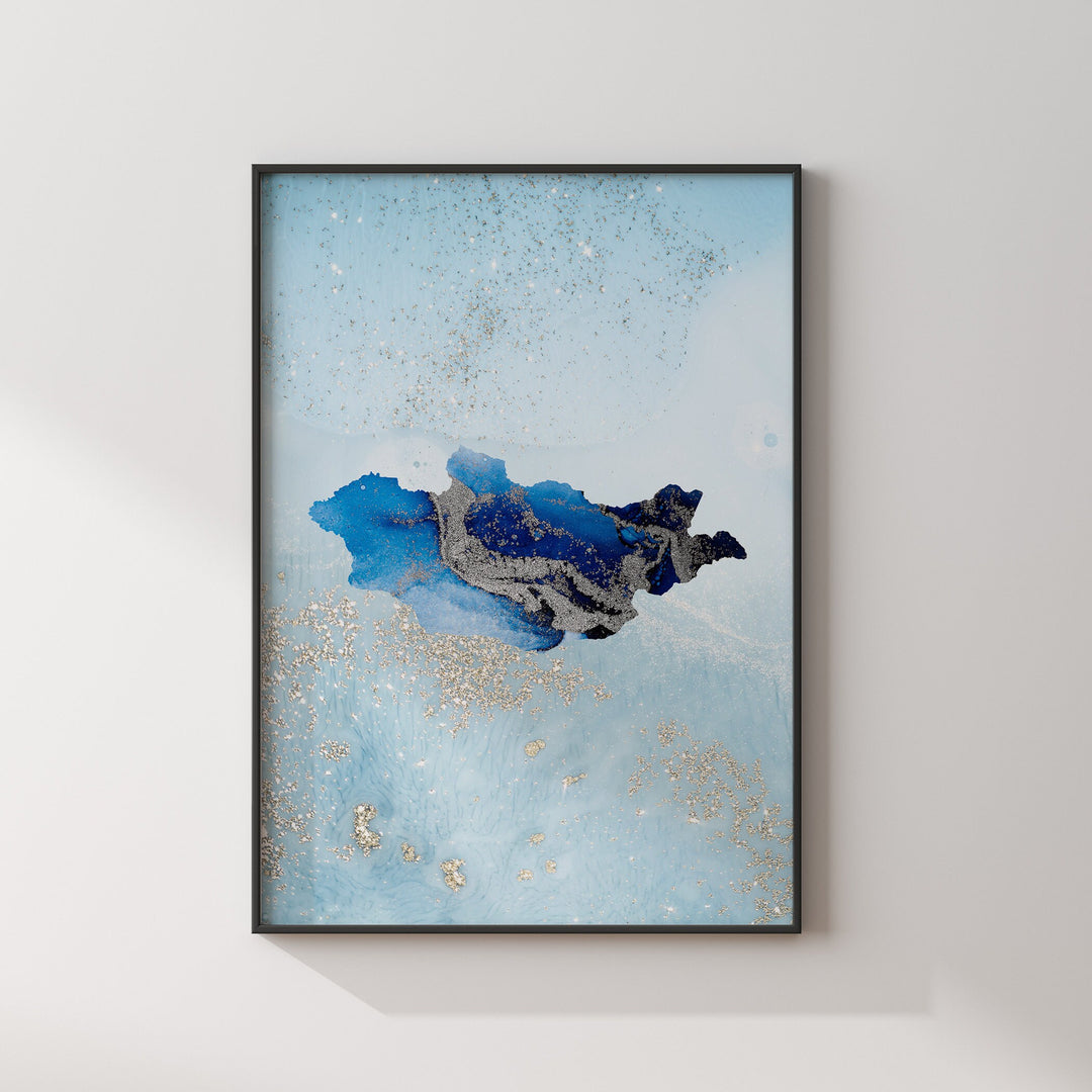 Mongolia Map Shades of Blue & Silver Wall Art Print