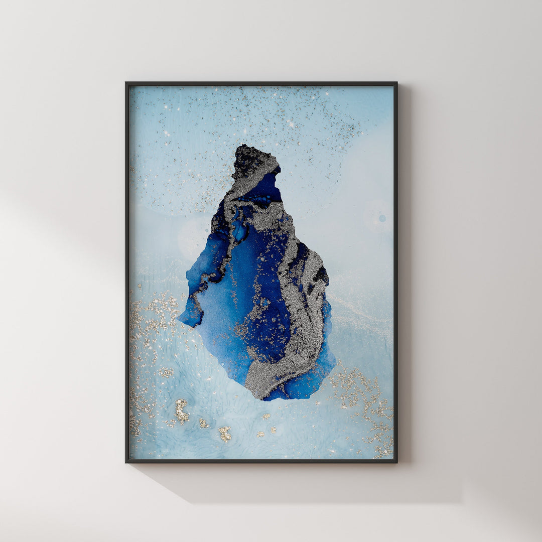 Montserrat Map Shades of Blue & Silver Wall Art Print