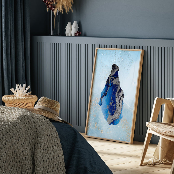 Montserrat Map Shades of Blue & Silver Wall Art Print