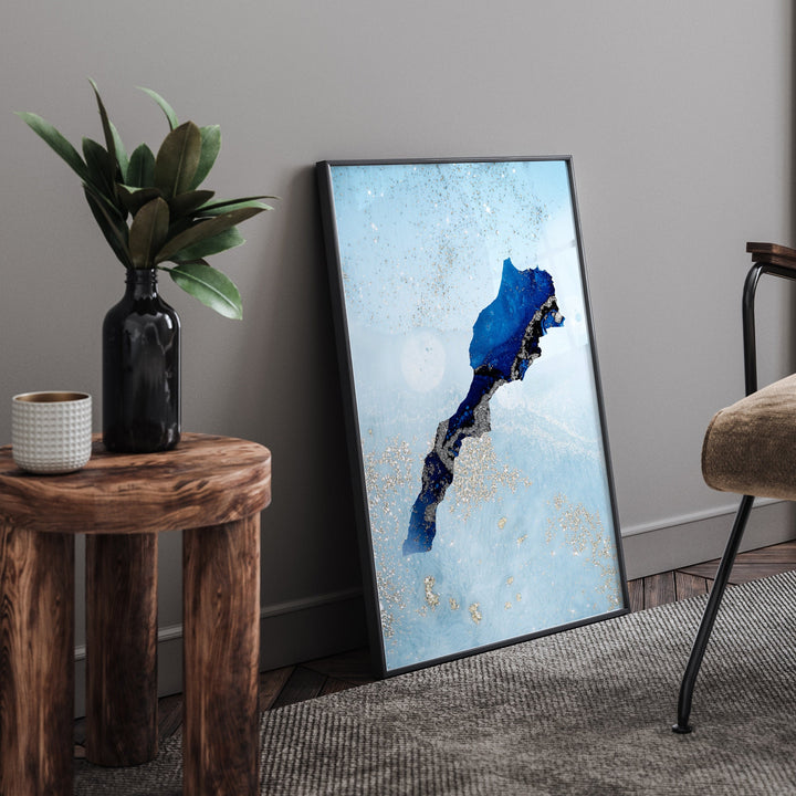Morocco Map Shades of Blue & Silver Wall Art Print