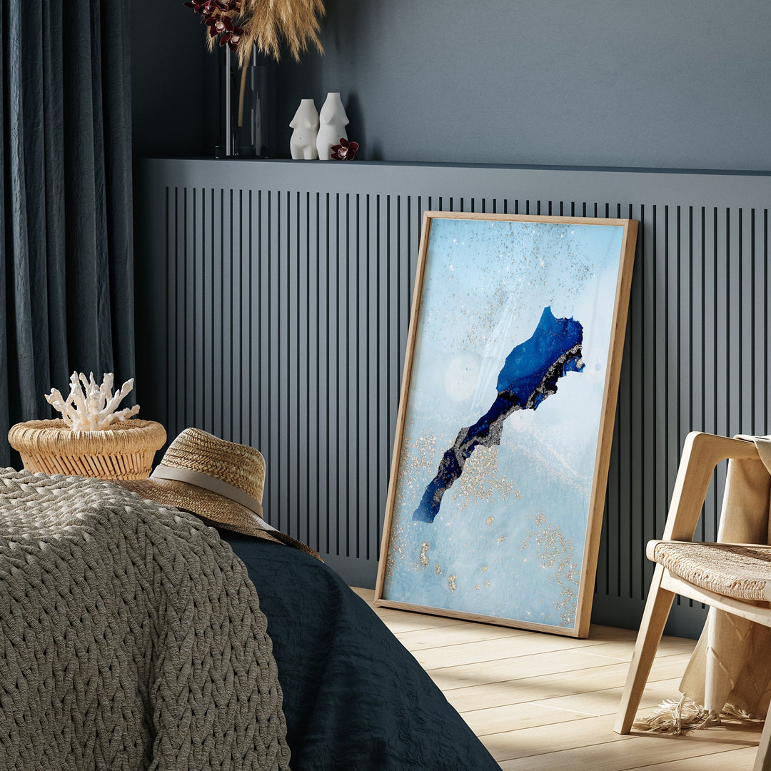 Morocco Map Shades of Blue & Silver Wall Art Print