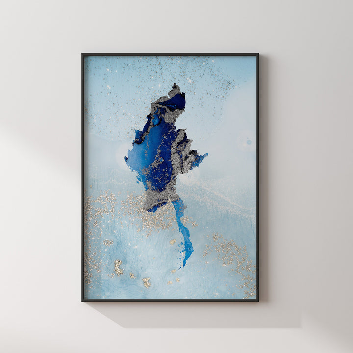 Myanmar Map Shades of Blue & Silver Wall Art Print