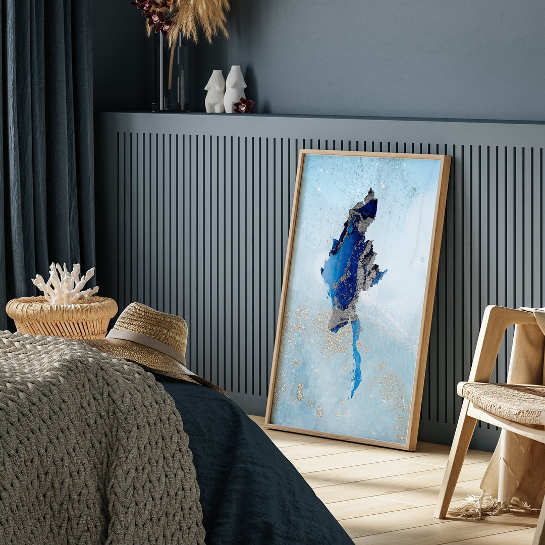 Myanmar Map Shades of Blue & Silver Wall Art Print