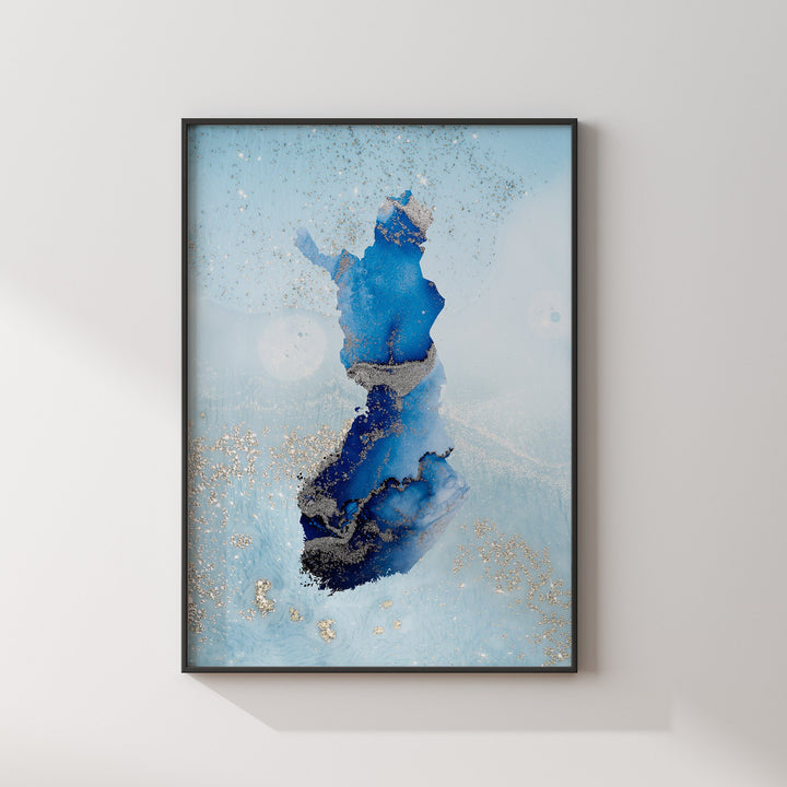 Finland Map Shades of Blue & Silver Wall Art Print