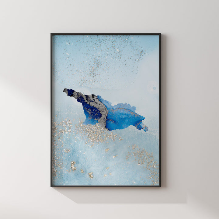 Georgia Map Shades of Blue & Silver Wall Art Print