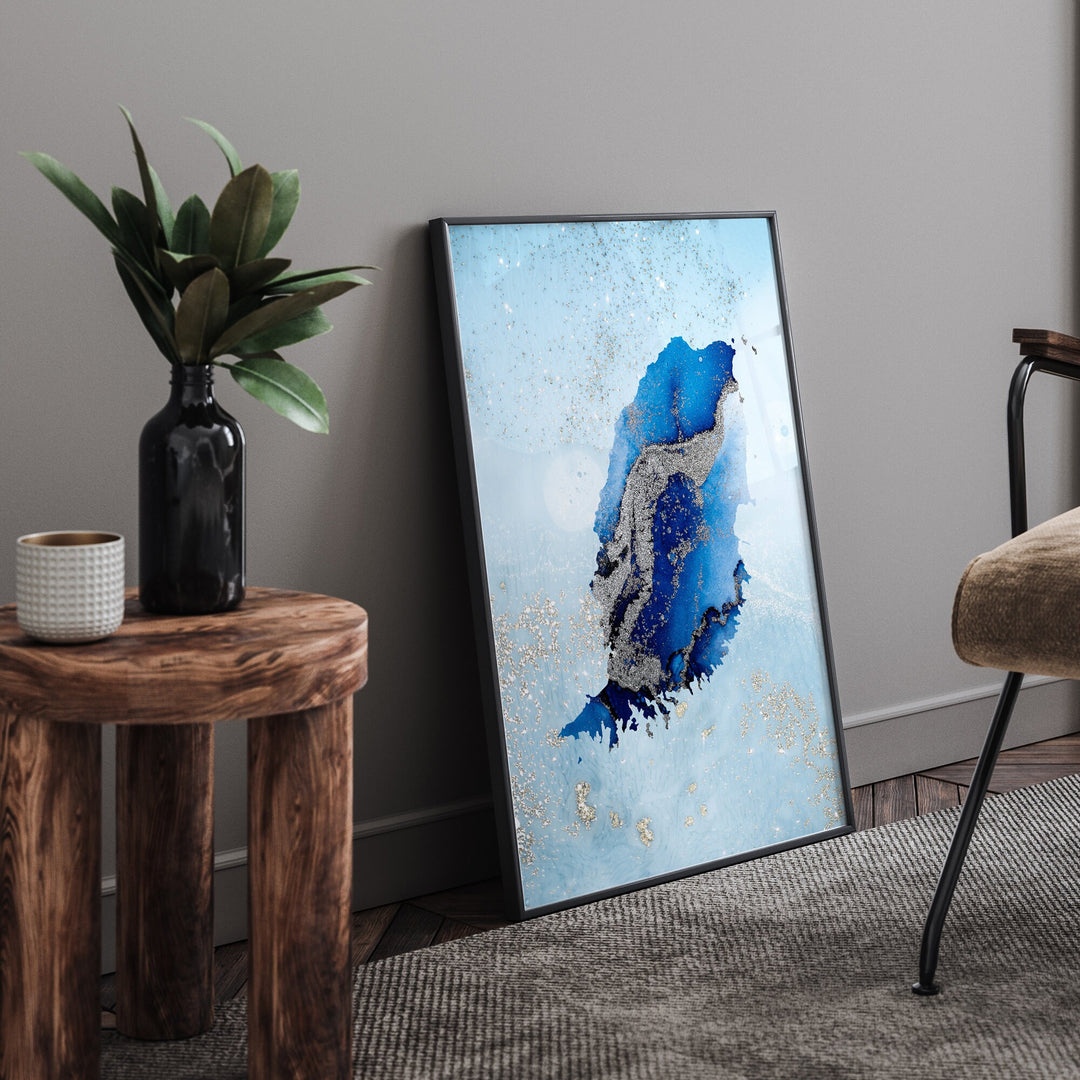 Grenada Map Shades of Blue & Silver Wall Art Print