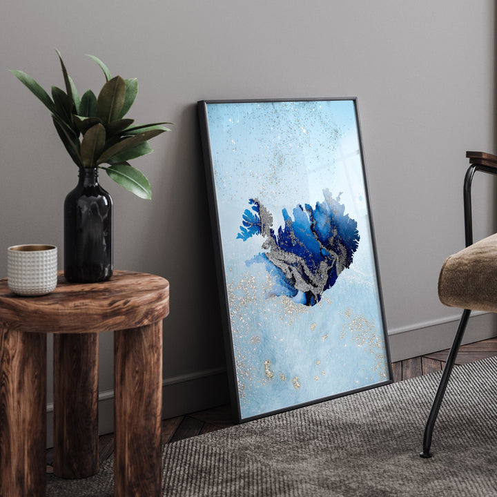 Iceland Map Shades of Blue & Silver Wall Art Print