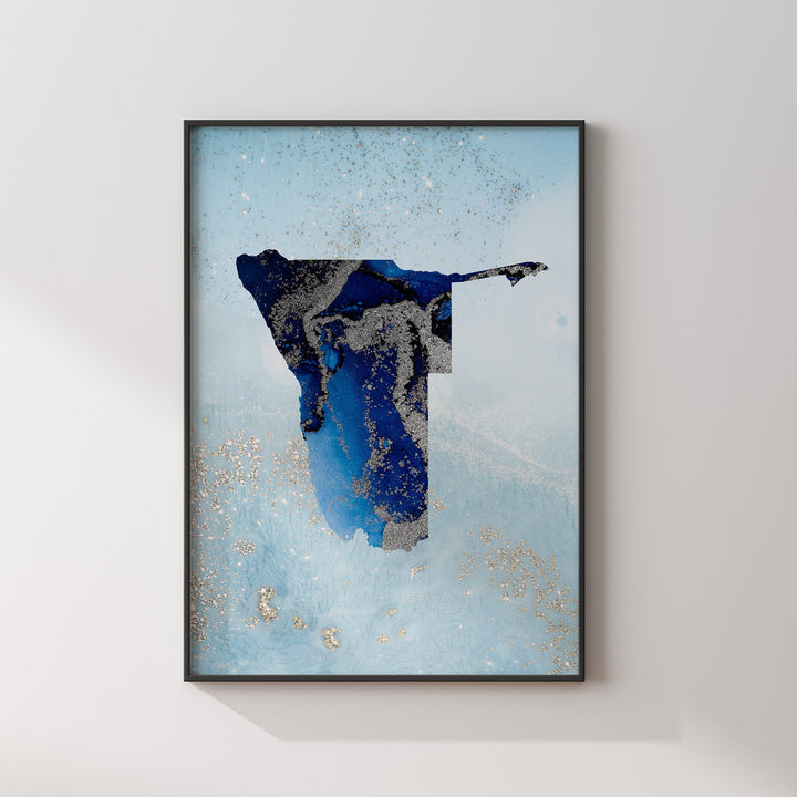Namibia Map Shades of Blue & Silver Wall Art Print