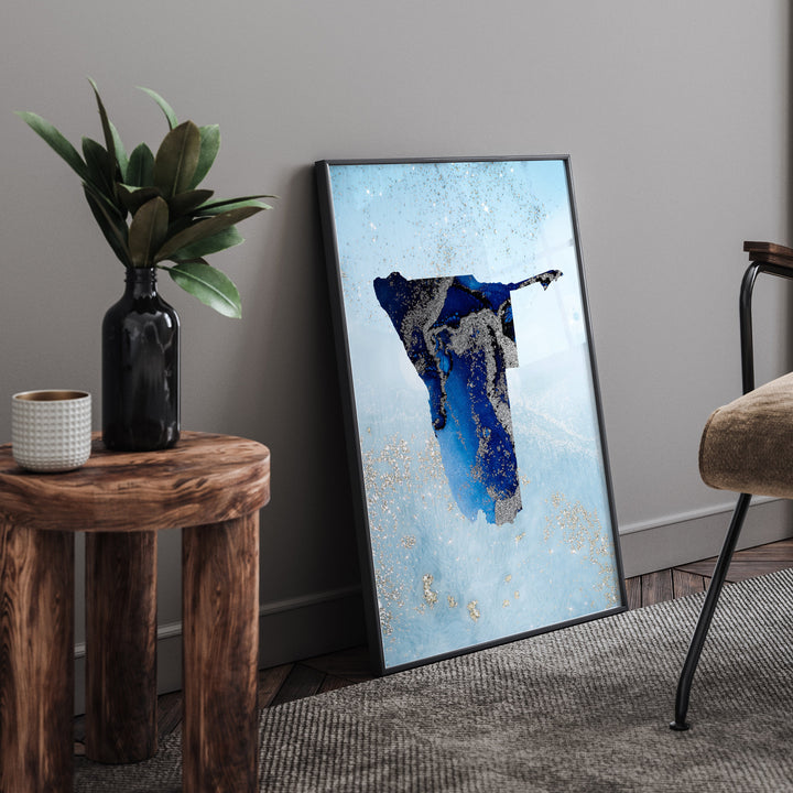 Namibia Map Shades of Blue & Silver Wall Art Print