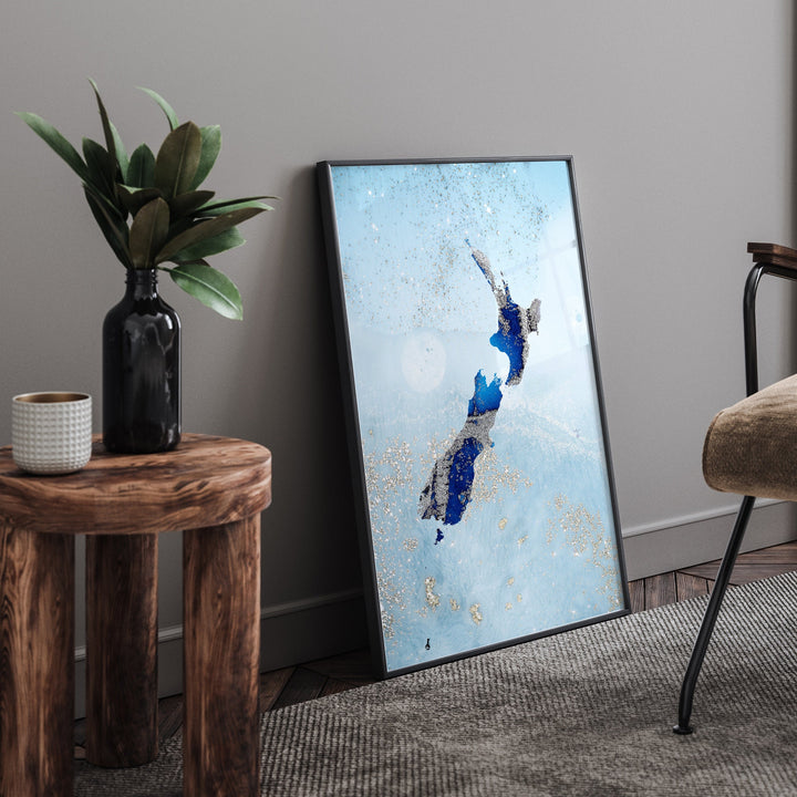 New Zealand Map Shades of Blue & Silver Wall Art Print