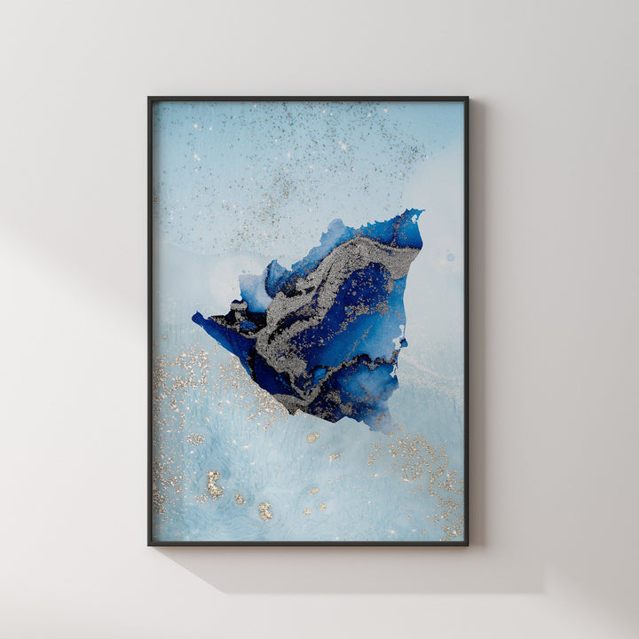 Nicaragua Map Shades of Blue & Silver Wall Art Print