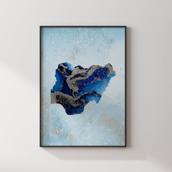Nigeria Map Shades of Blue & Silver Wall Art Print