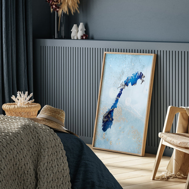 Norway Map Shades of Blue & Silver Wall Art Print