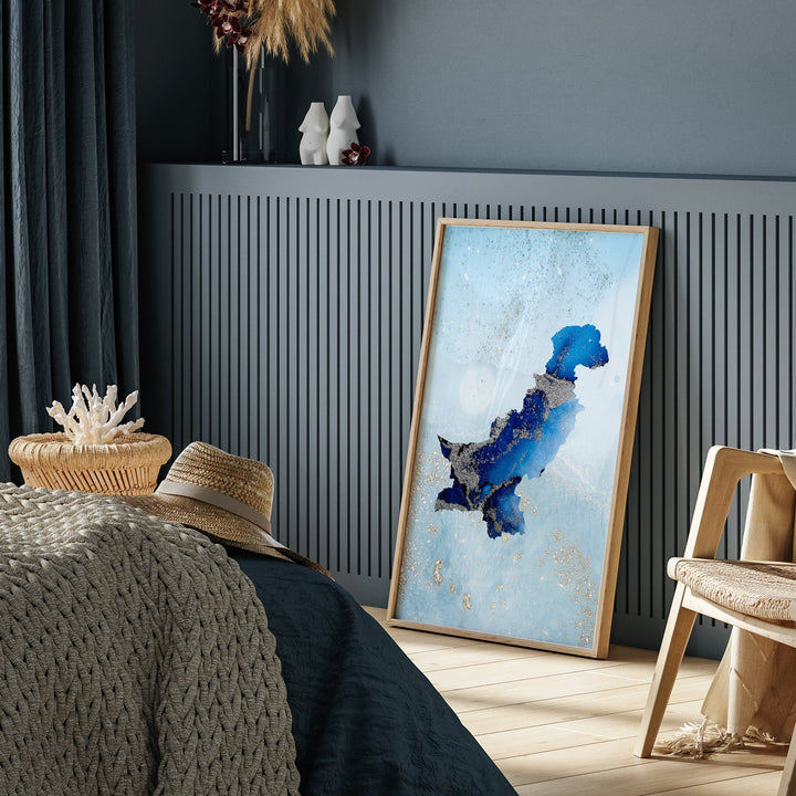 Pakistan Map Shades of Blue & Silver Wall Art Print