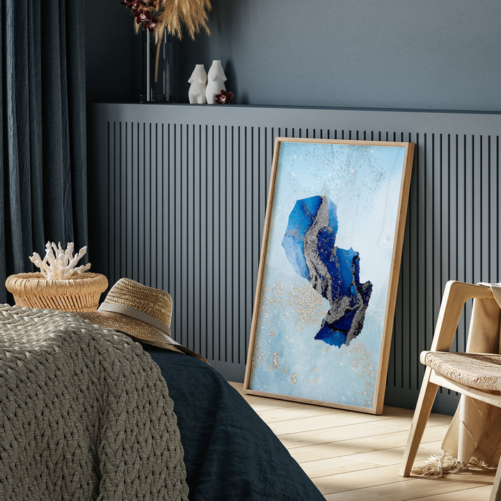 Papua New Guinea Map Shades of Blue & Silver Wall Art Print