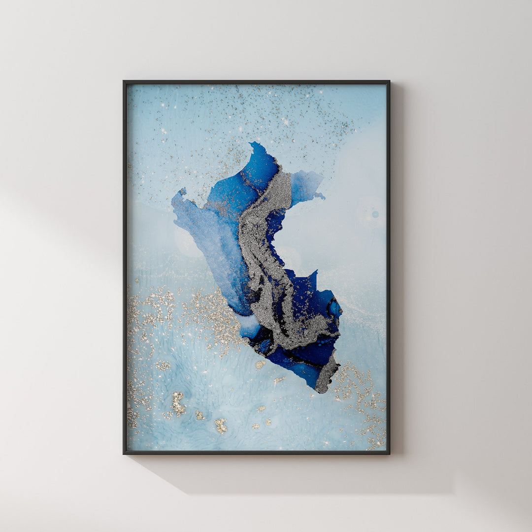 Peru Map Shades of Blue & Silver Wall Art Print