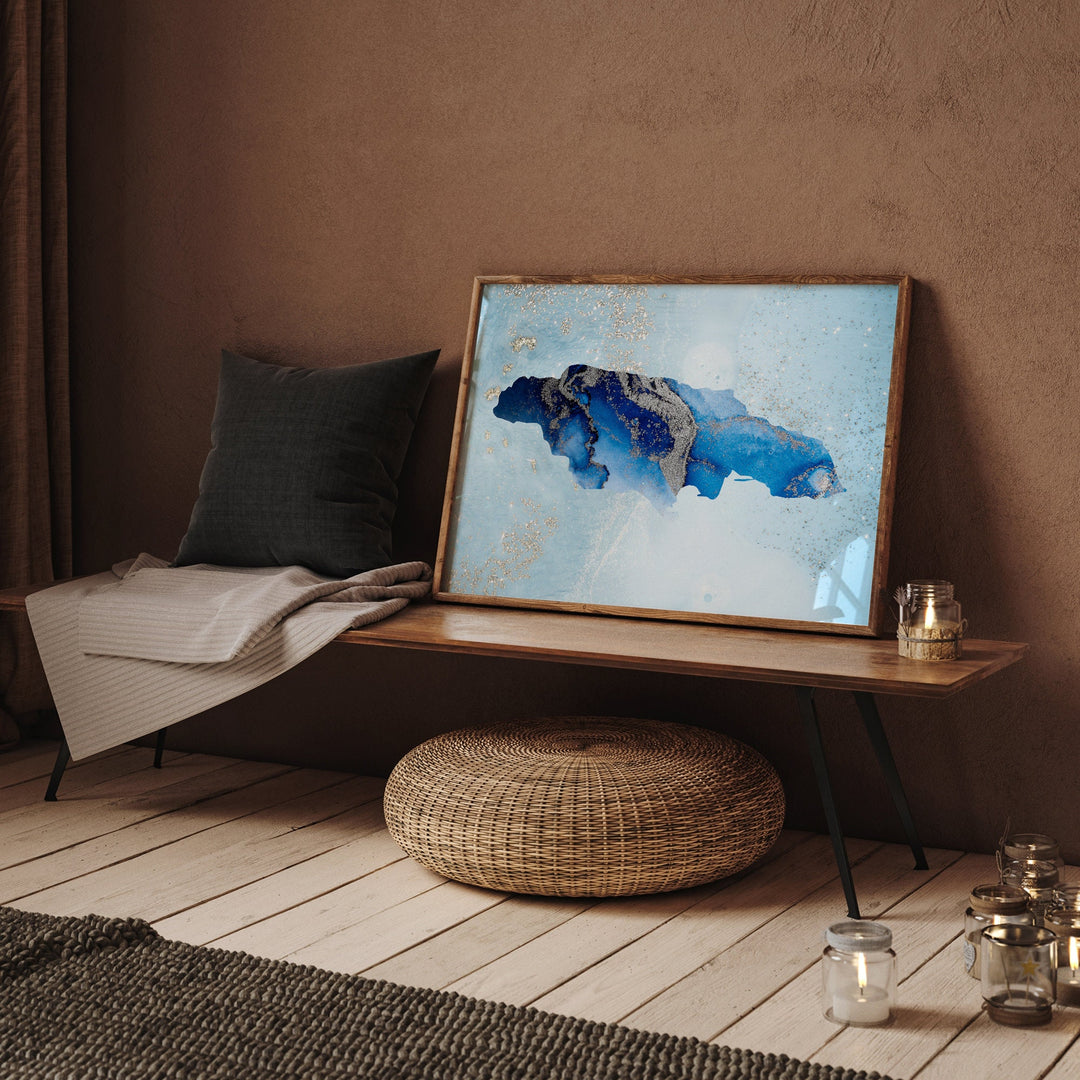 Jamaica Map Shades of Blue & Silver Wall Art Print