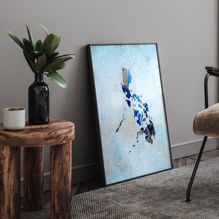 Philippines Map Shades of Blue & Silver Wall Art Print