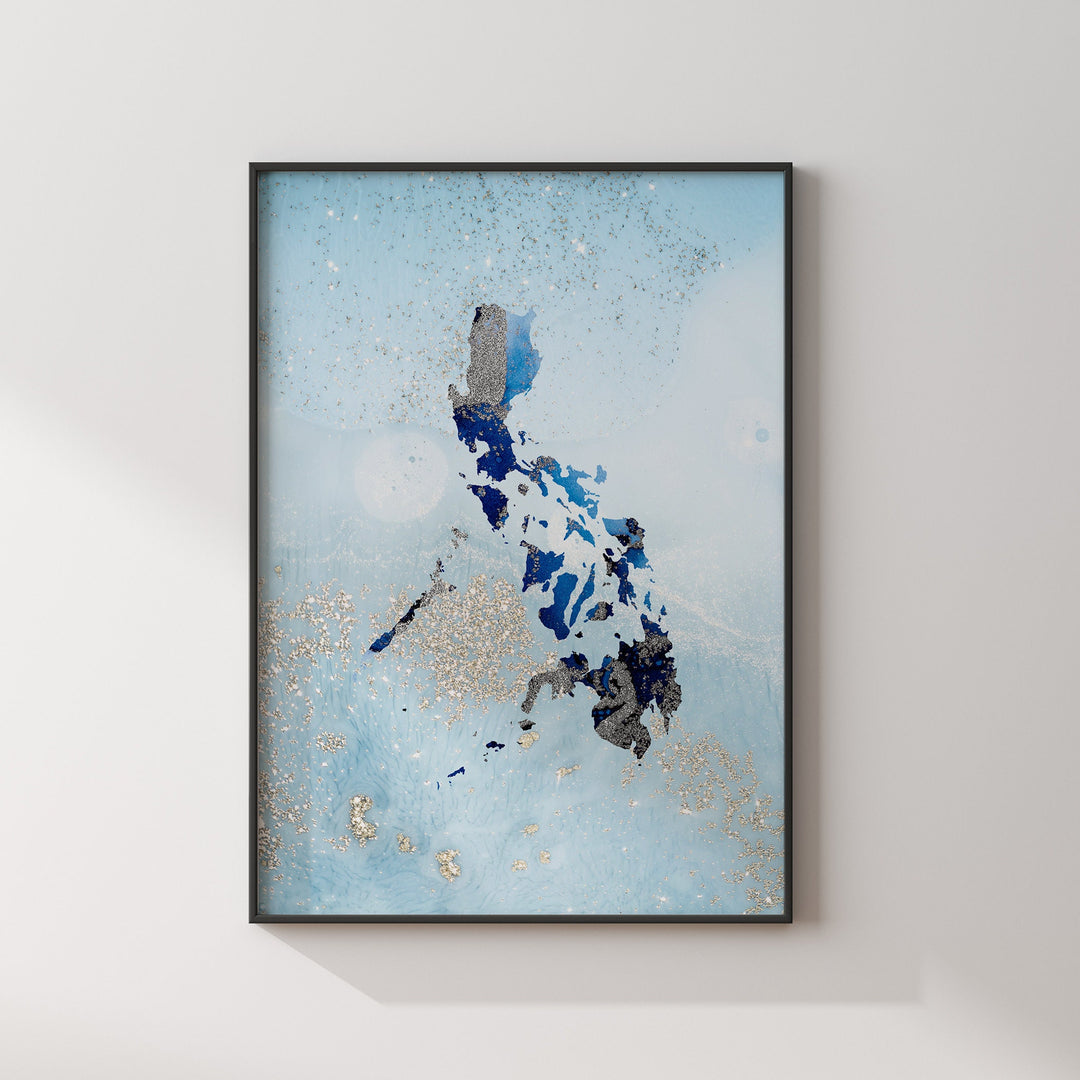 Philippines Map Shades of Blue & Silver Wall Art Print