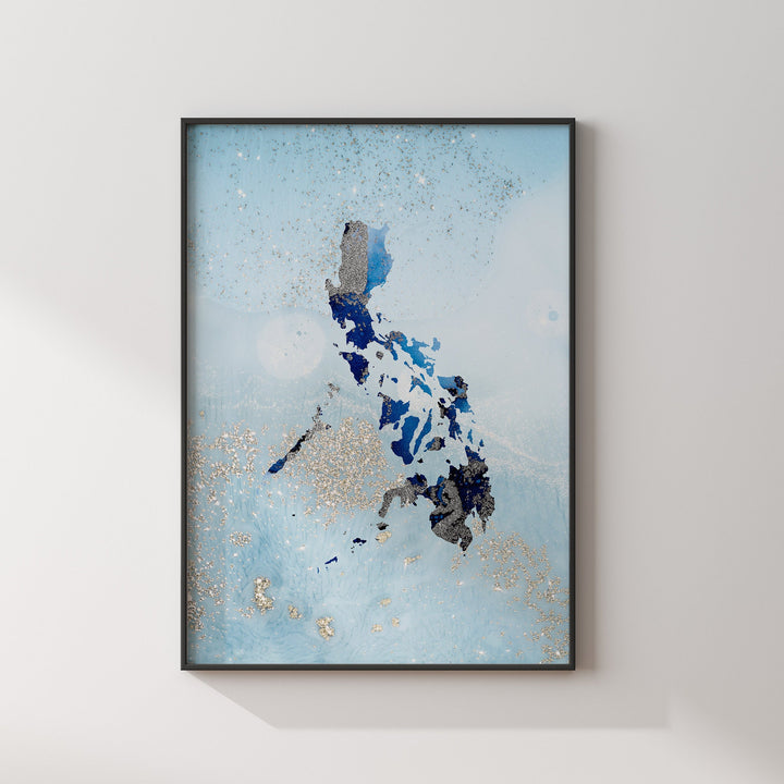 Philippines Map Shades of Blue & Silver Wall Art Print