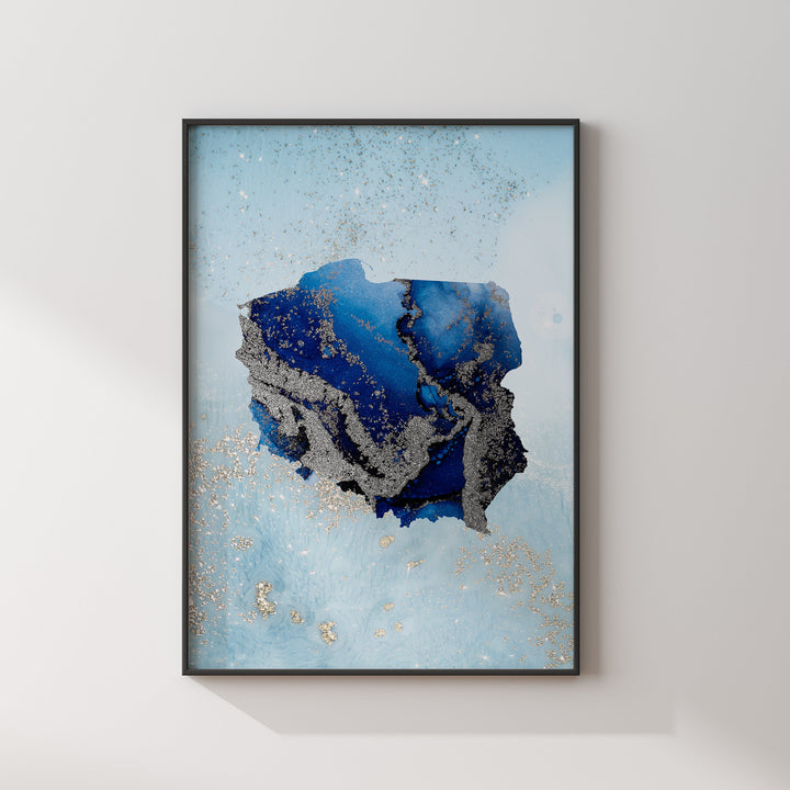 Poland Map Shades of Blue & Silver Wall Art Print