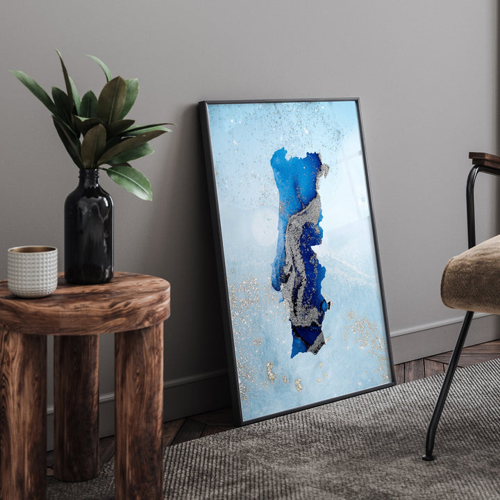 Portugal Map Shades of Blue & Silver Wall Art Print