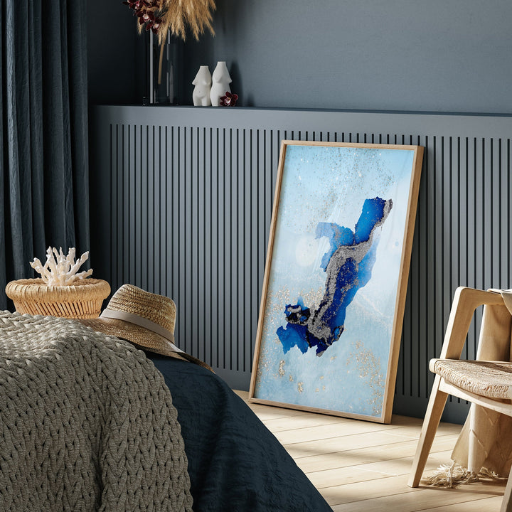 Republic of the Congo Map Shades of Blue & Silver Wall Art Print