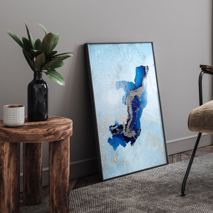 Republic of the Congo Map Shades of Blue & Silver Wall Art Print