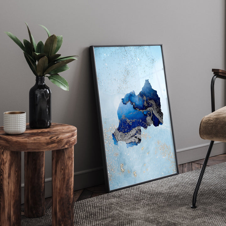 Rwanda Map Shades of Blue & Silver Wall Art Print