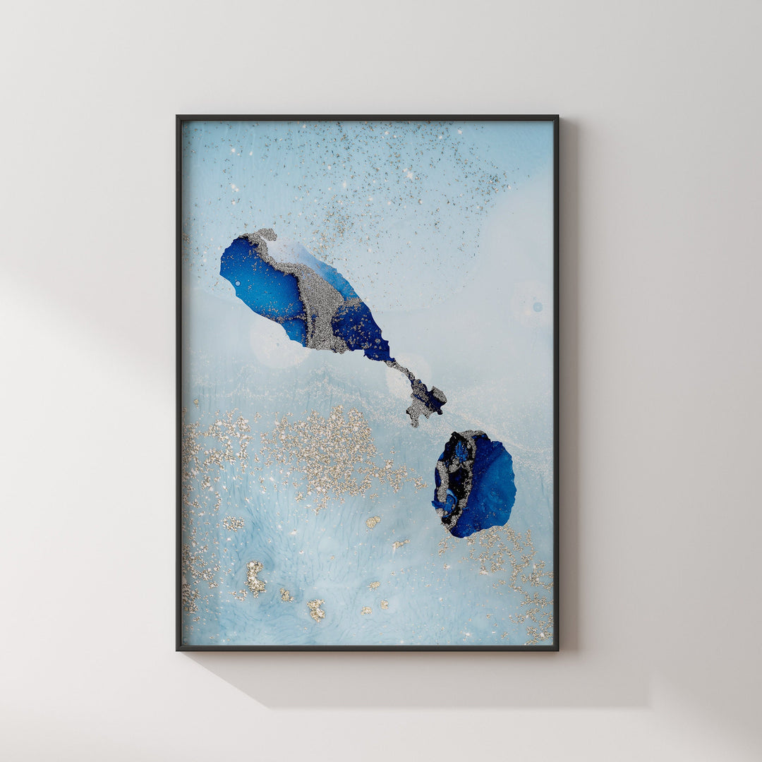 Saint Kitts and Nevis Map Shades of Blue & Silver Wall Art Print