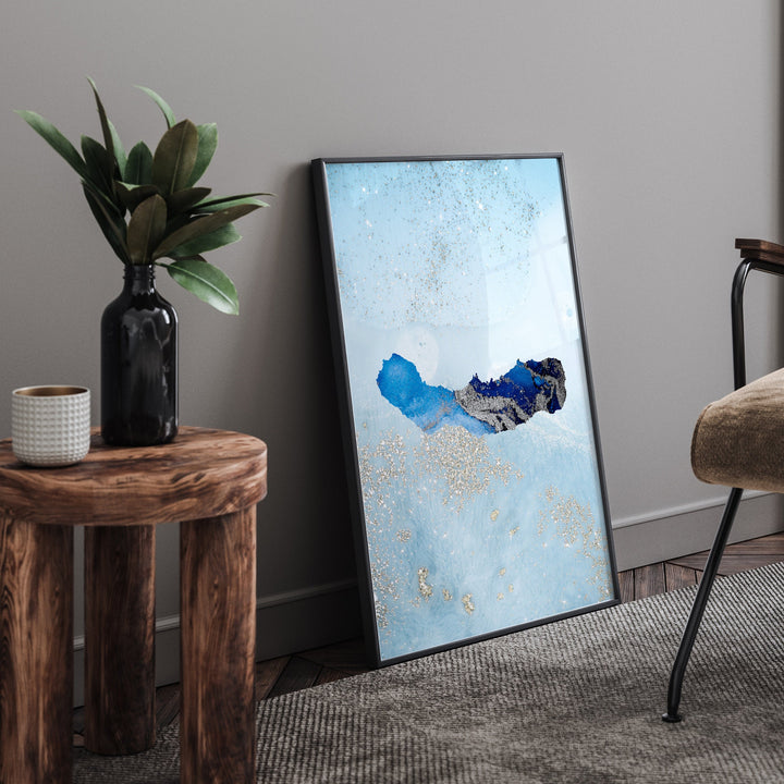 Sao Miguel Map Shades of Blue & Silver Wall Art Print