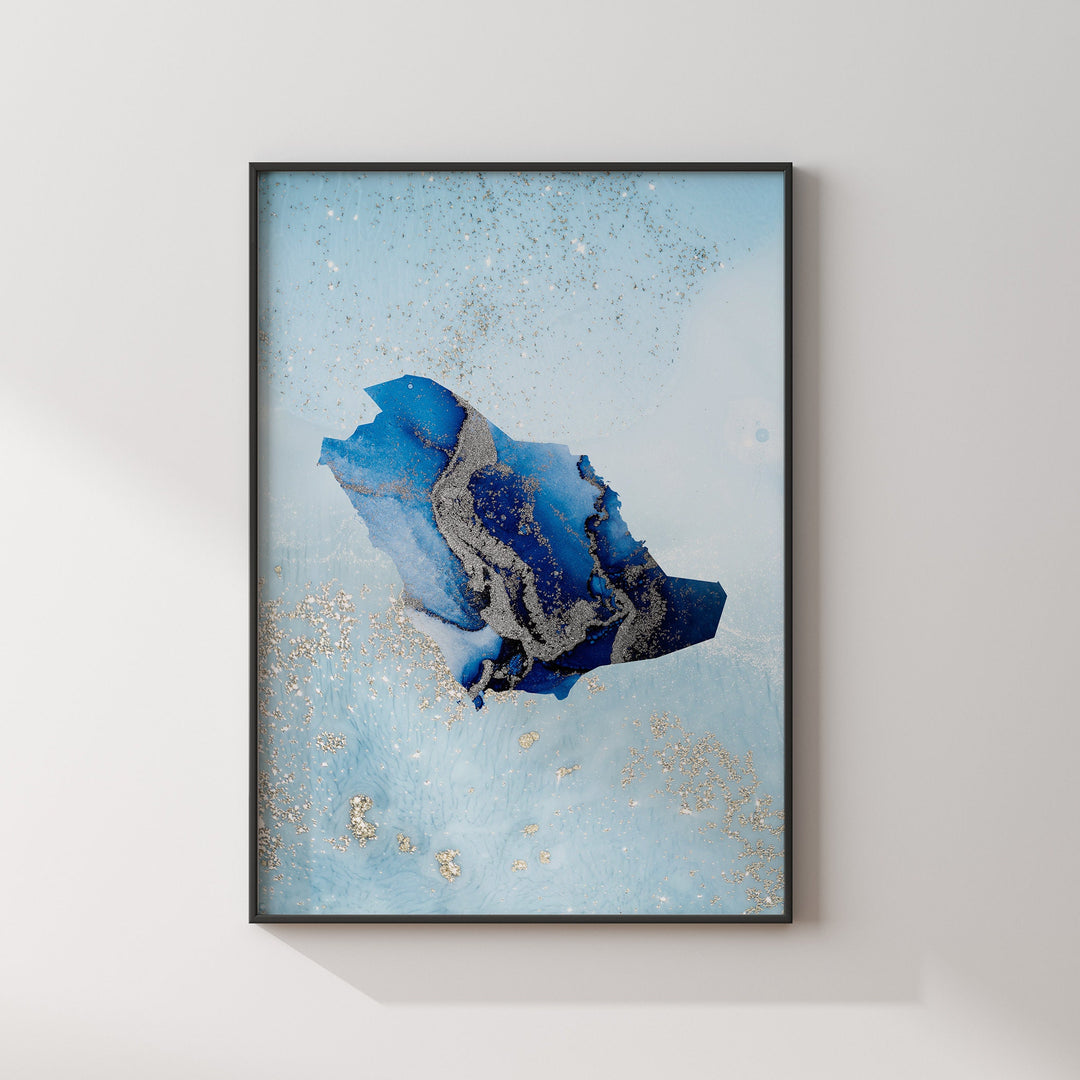 Saudi Arabia Map Shades of Blue & Silver Wall Art Print