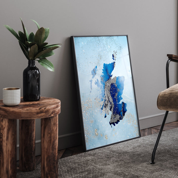 Scotland Map Shades of Blue & Silver Wall Art Print