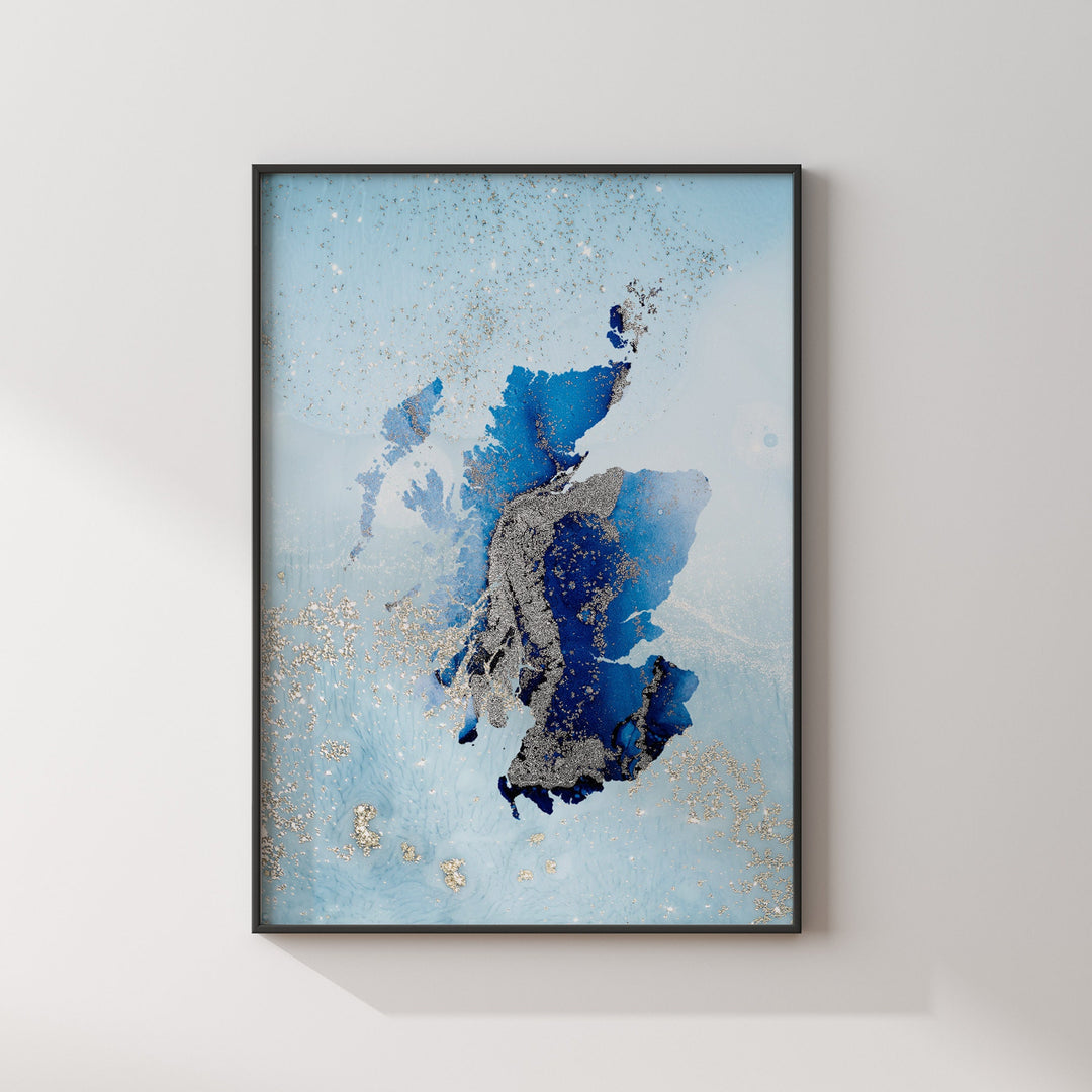 Scotland Map Shades of Blue & Silver Wall Art Print