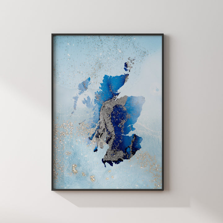 Scotland Map Shades of Blue & Silver Wall Art Print