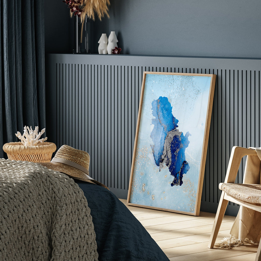 Serbia Map Shades of Blue & Silver Wall Art Print
