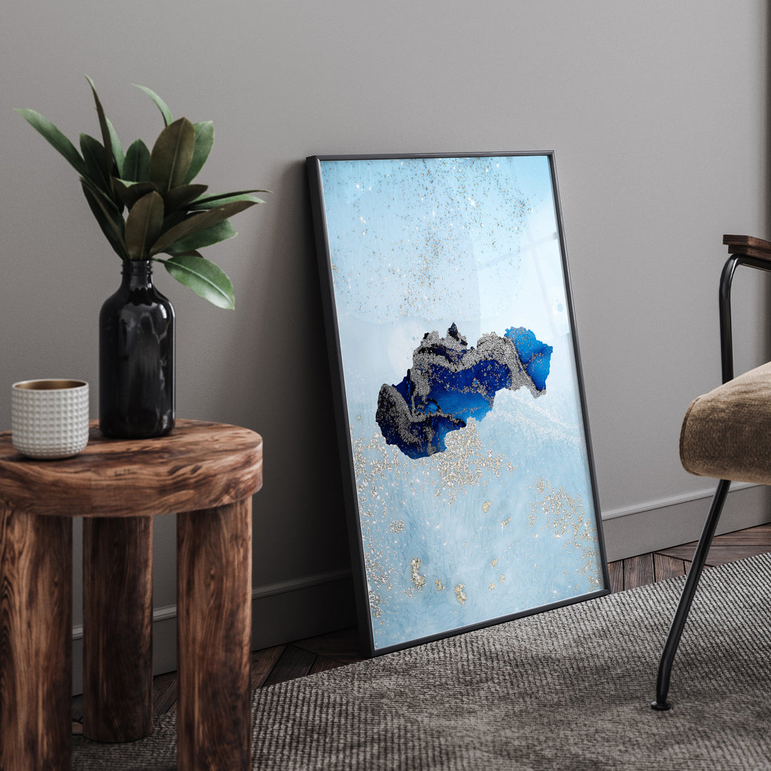 Slovakia Map Shades of Blue & Silver Wall Art Print