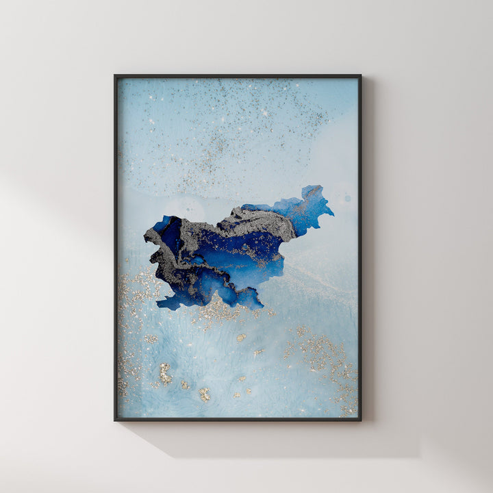 Slovenia Map Shades of Blue & Silver Wall Art Print