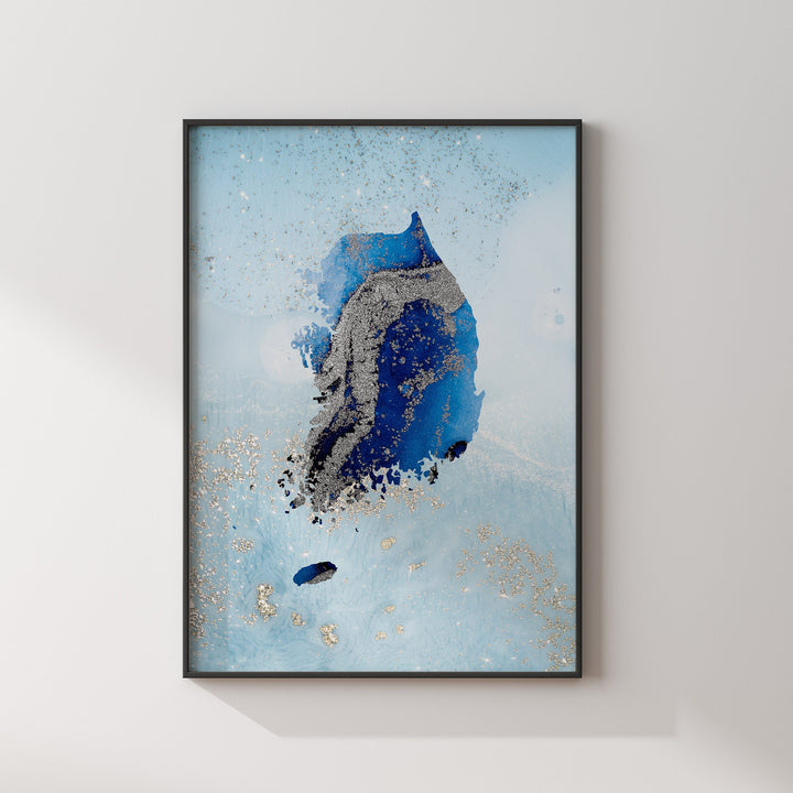 South Korea Map Shades of Blue & Silver Wall Art Print