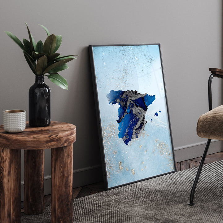 Spain Map Shades of Blue & Silver Wall Art Print