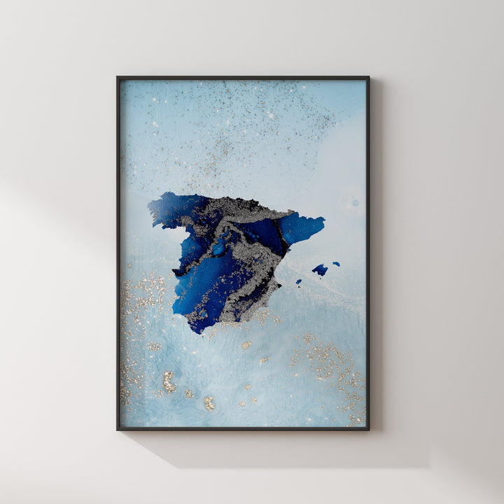 Spain Map Shades of Blue & Silver Wall Art Print