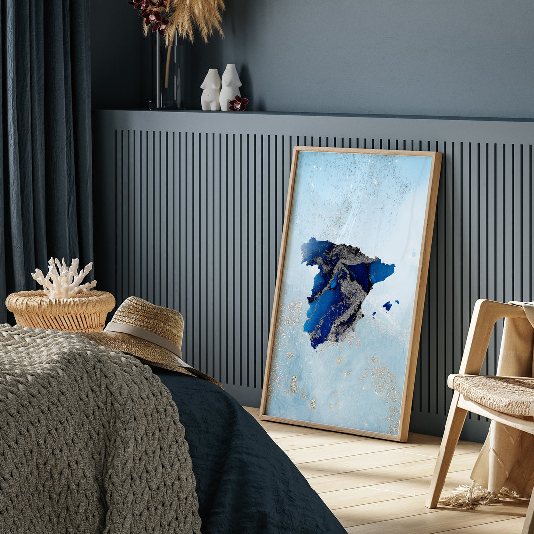 Spain Map Shades of Blue & Silver Wall Art Print