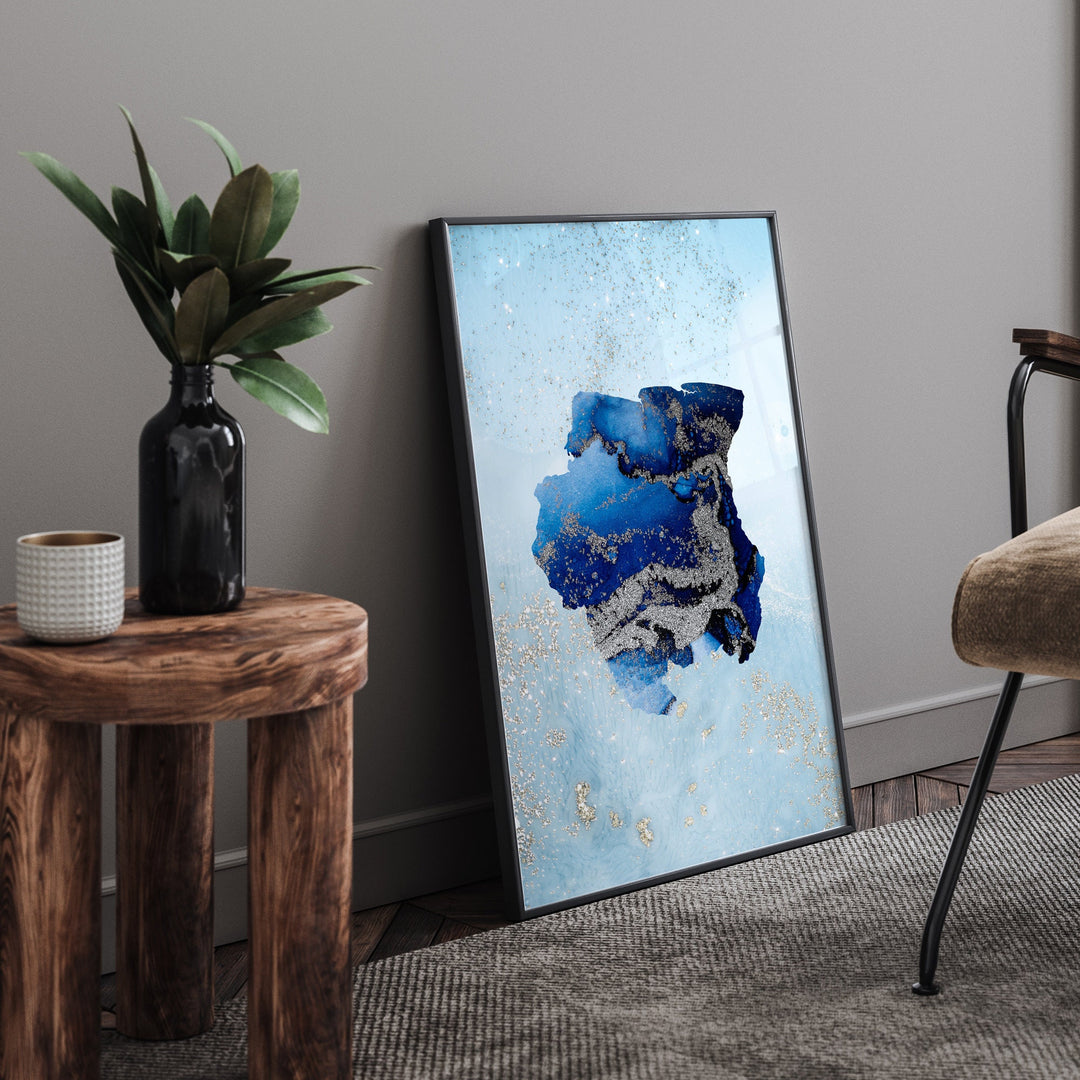 Suriname Map Shades of Blue & Silver Wall Art Print