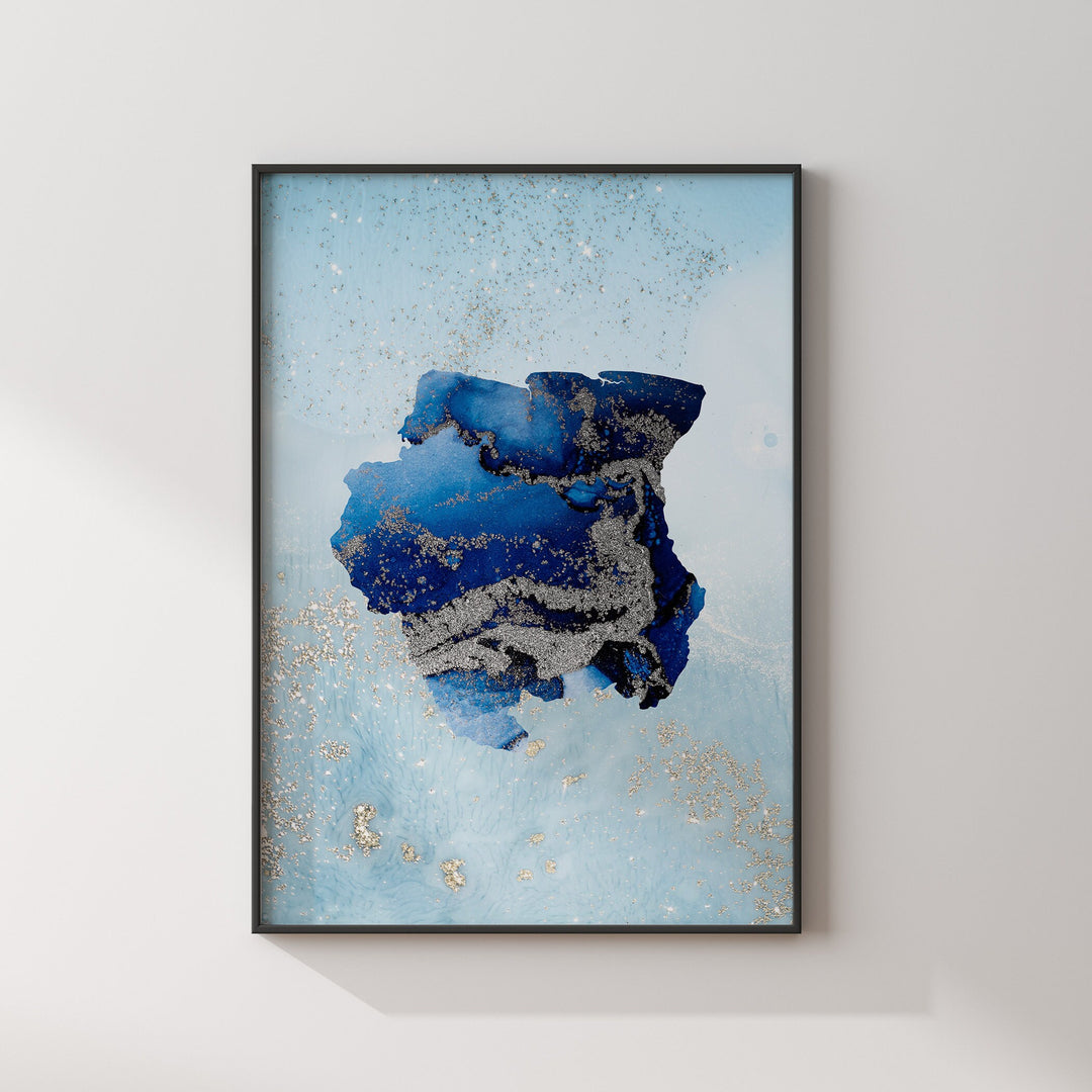 Suriname Map Shades of Blue & Silver Wall Art Print